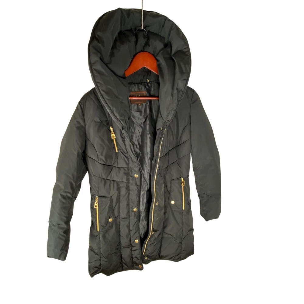Cole Haan Signature Puffer Coat Womens Small Black Belted Pockets Long Sleeve